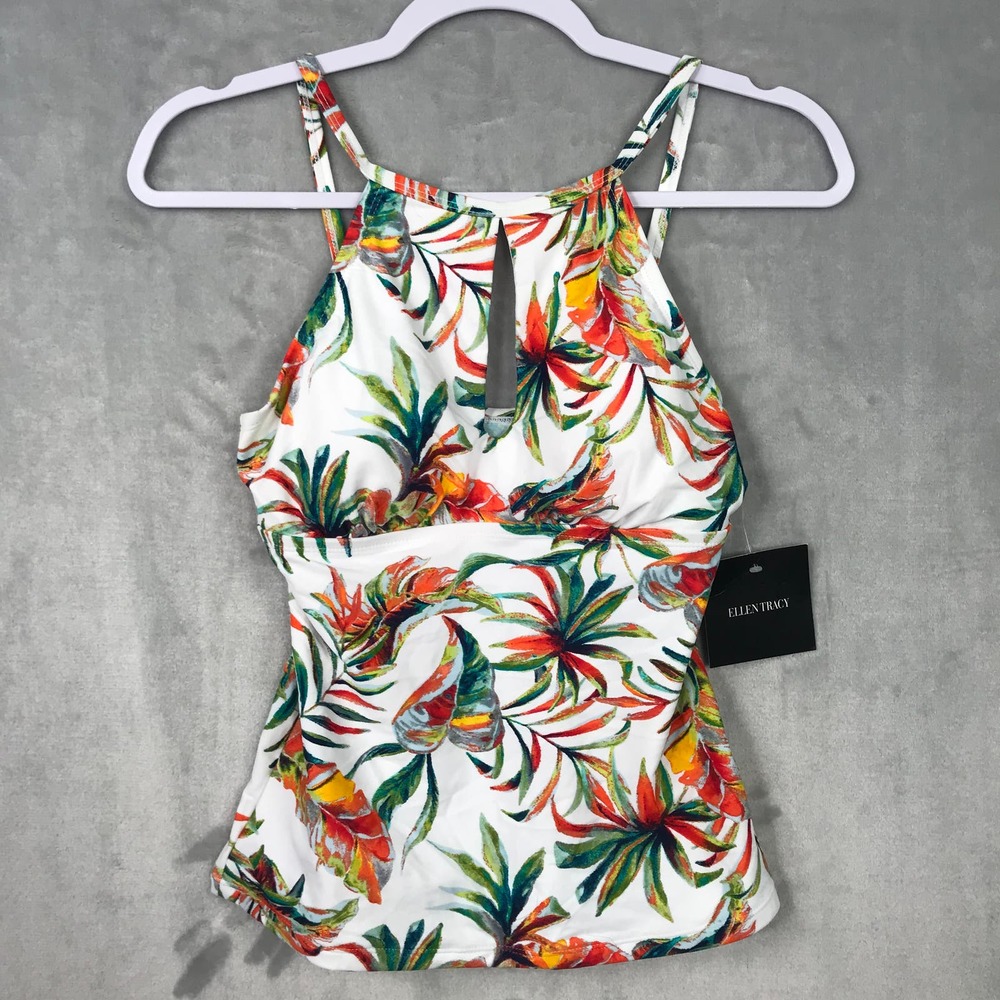 Ellen Tracy Tankini Swimsuit Womens Sz 6 White Keyhole Floral Tropical High Neck